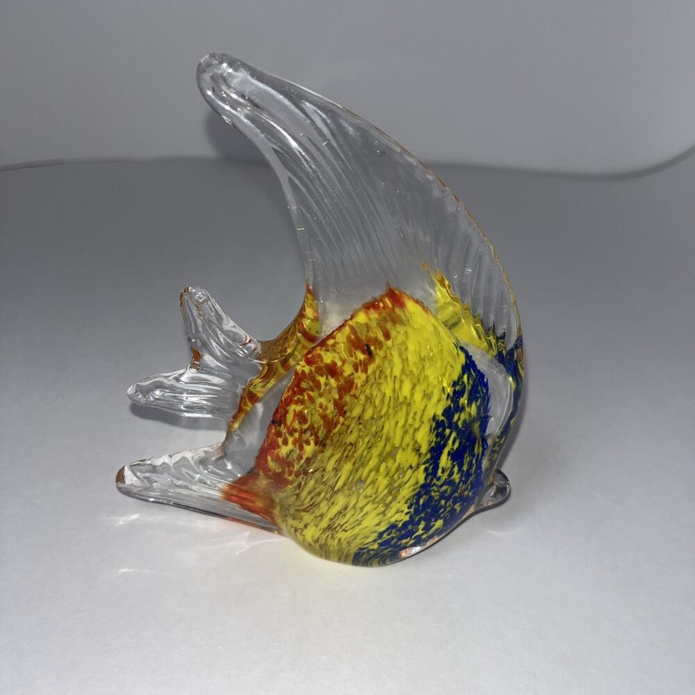 Murano Style Hand Blown Glass Angel Fish Paperweight Yellow, Blue, Orange - Picture 4 of 7
